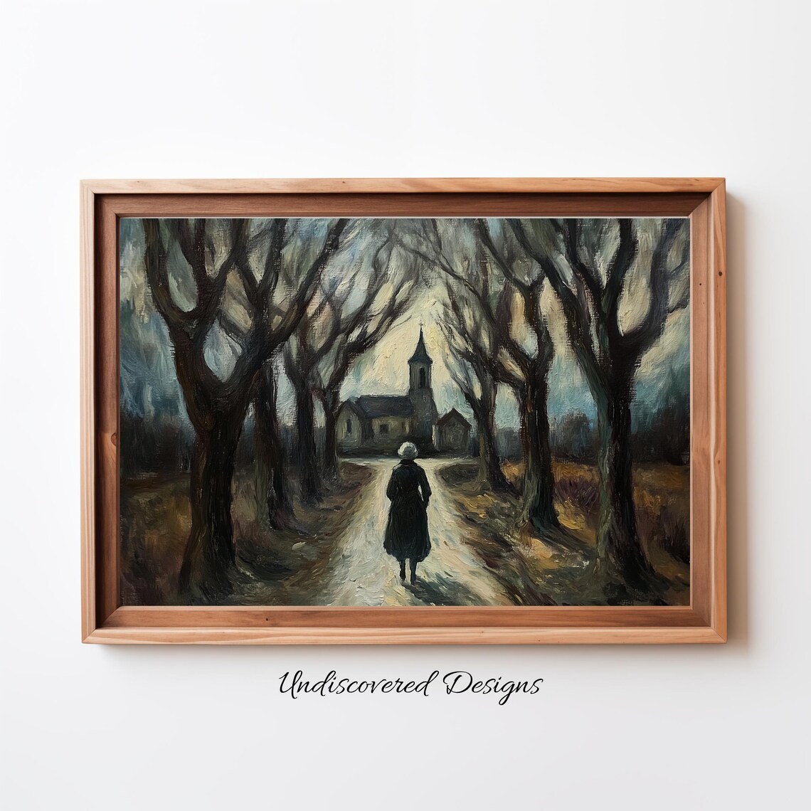 Old Woman Walking Down Tree Lined Road To Church Halloween Poster
