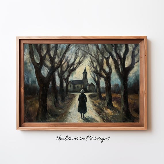 Spooky Halloween Art Vintage Oil Painting Of Old Woman Walking Down Road Wall Decor Prints