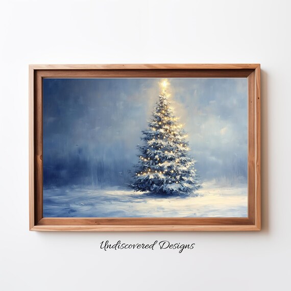 Snow Covered Christmas Tree At Night With Golden Lights Poster