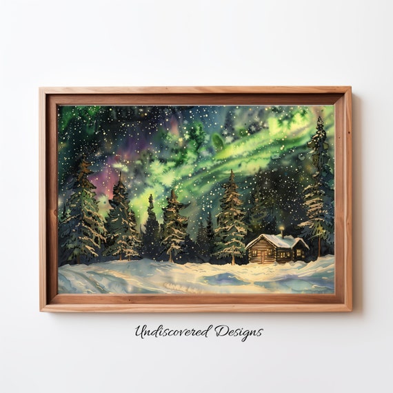 Northern Lights Wall Art Vintage Print Winter Farmhouse Decor Printout