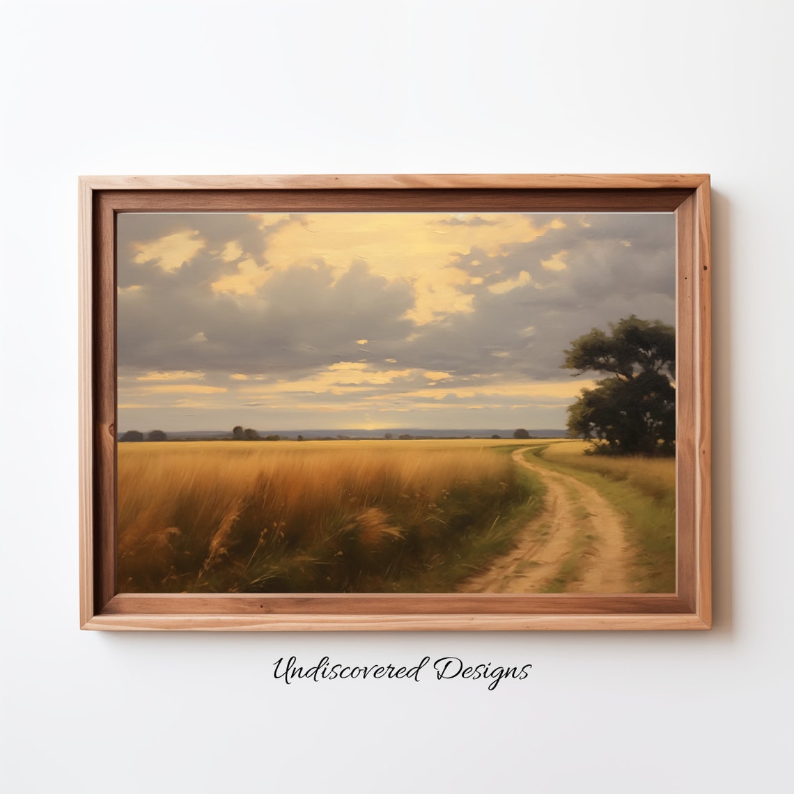 Golden Wheat Field Dirt Road At Sunset Cloudy Sky Vintage Wall Art