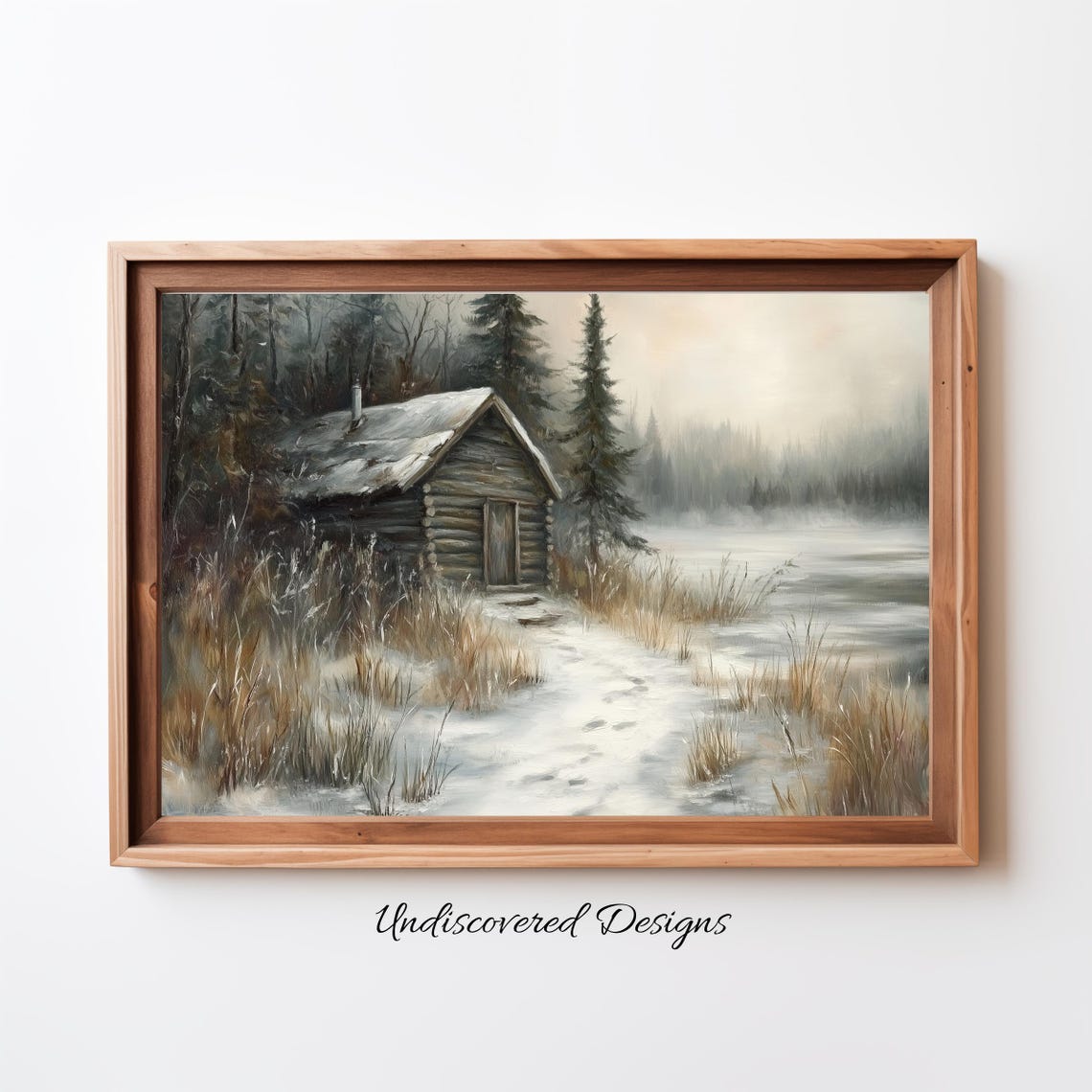 Winter Log Cabin By Frozen Lake Snowy Forest Landscape Poster