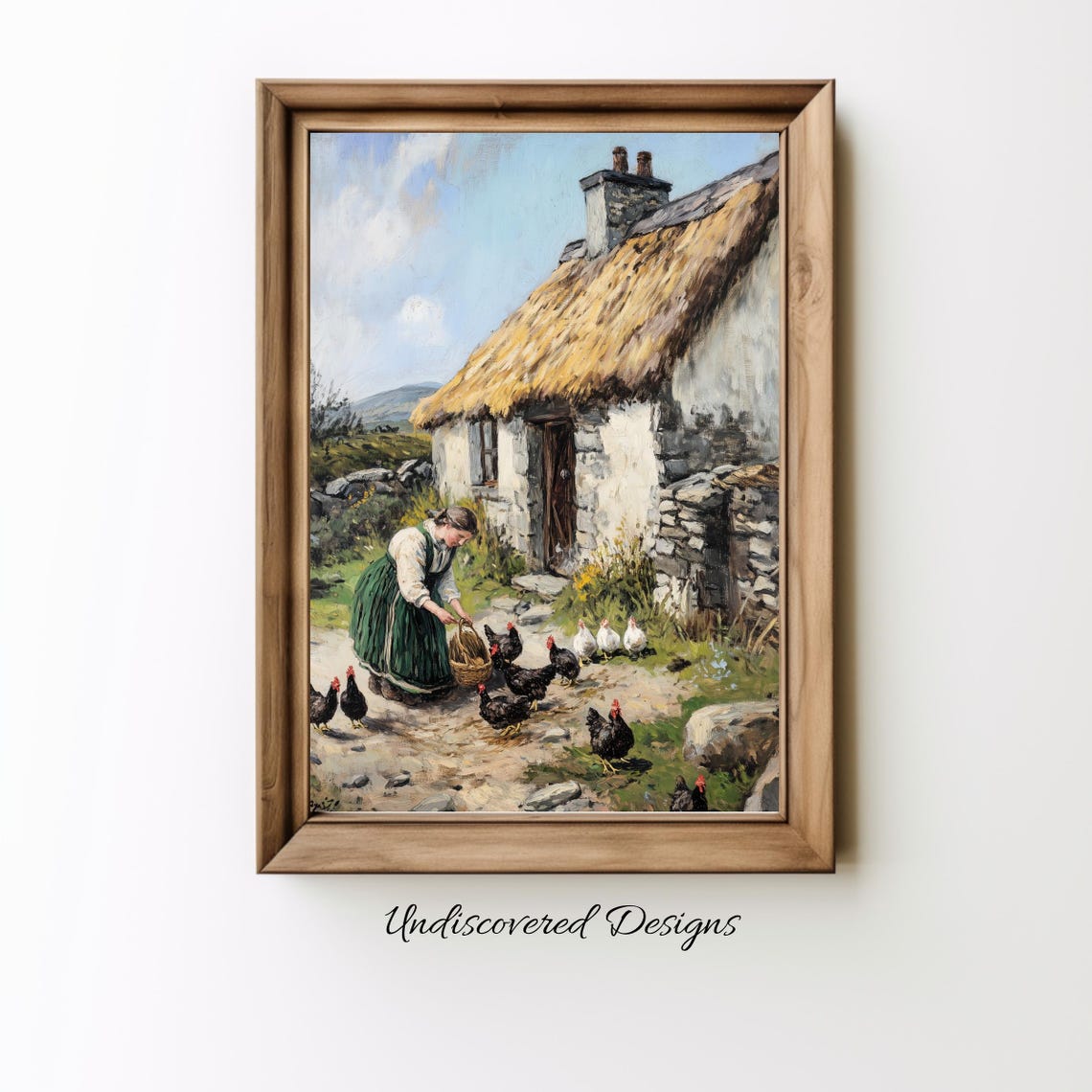 Irish Woman Feeding Chickens at Thatched Cottage Oil Painting Poster