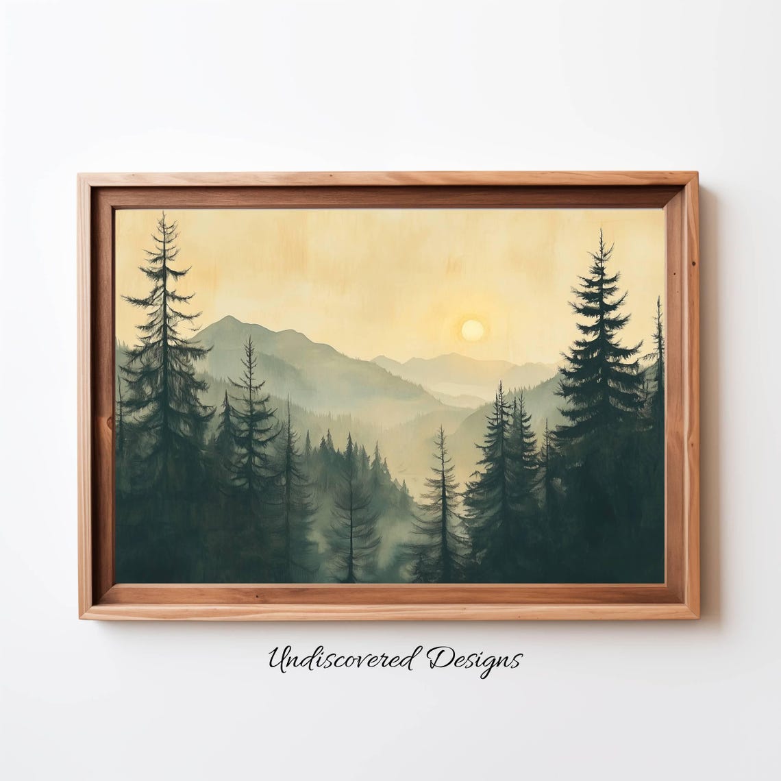 Misty Pine Forest Mountain Sunrise Vintage Landscape Wall Art