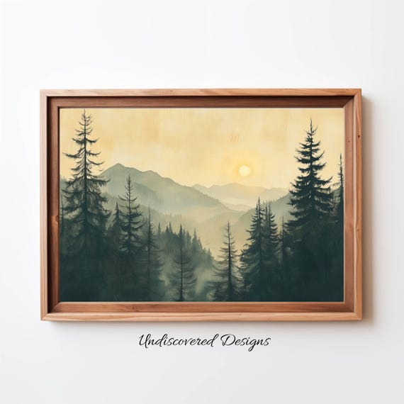 Vintage Mountain Landscape Art Print Tall Trees Oil Painting