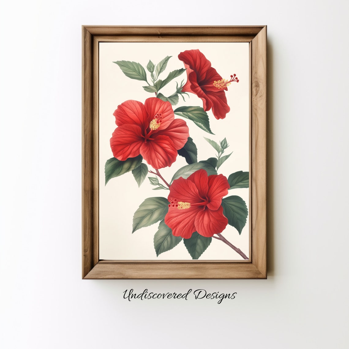 Vintage Red Hibiscus Botanical Illustration Tropical Flower Wall Art