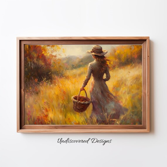 Vintage Woman With Basket Art Print Retro Oil Painting