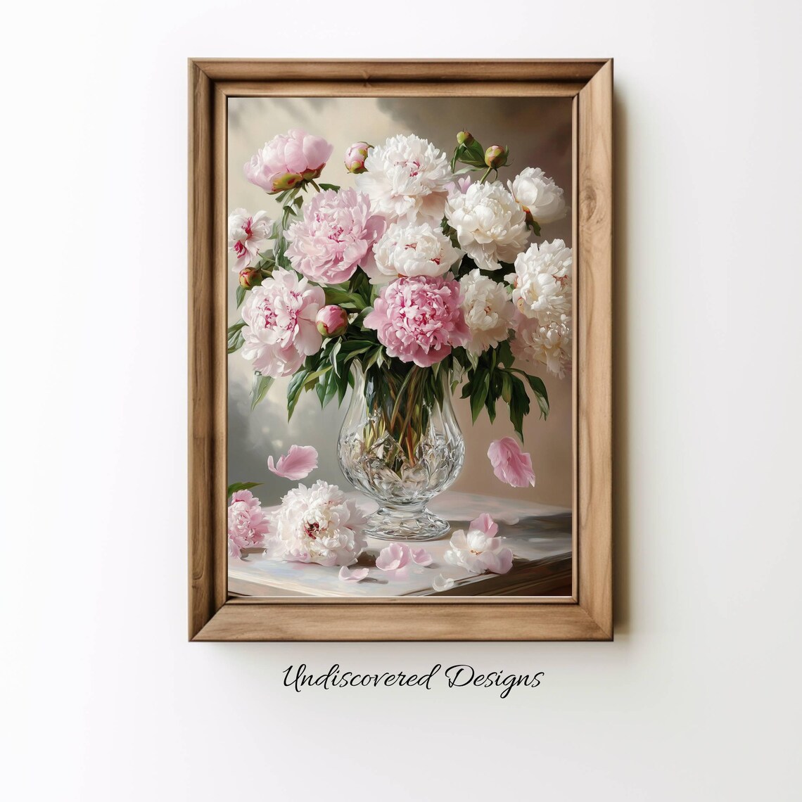 Pink and White Peonies in Crystal Vase Romantic Still Life Art Print