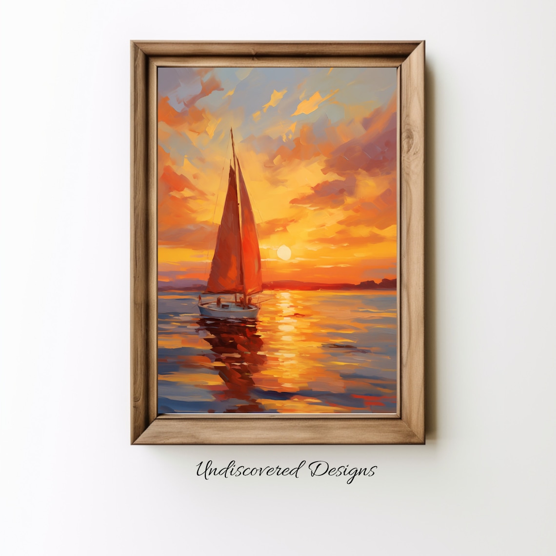Sailboat With Red Sail At Golden Sunset Impressionist Seascape Wall Art