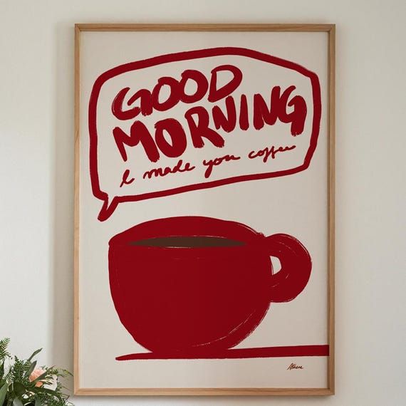 Made You Coffee Print Red Kitchen Art Hand Drawn Mid Century Prints Bar Cart Decor Station Burgundy Modern Wall