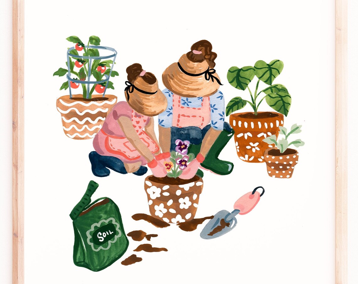 Mom And Daughter Gardening Watercolor Art Print
