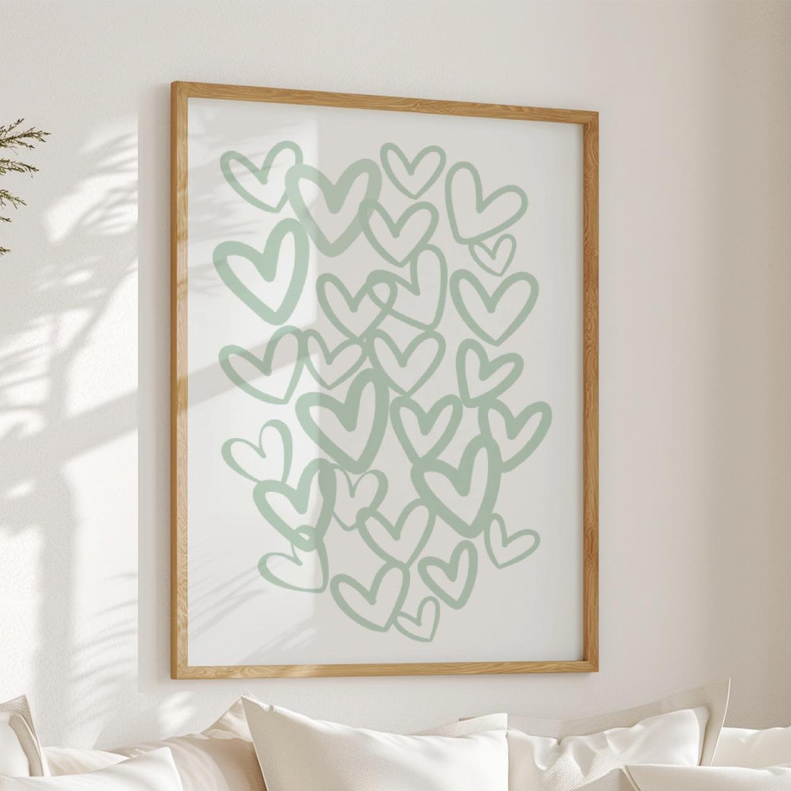 Sage Green Hearts Pattern Hand Drawn Doodle Art Style Poster - Image 4