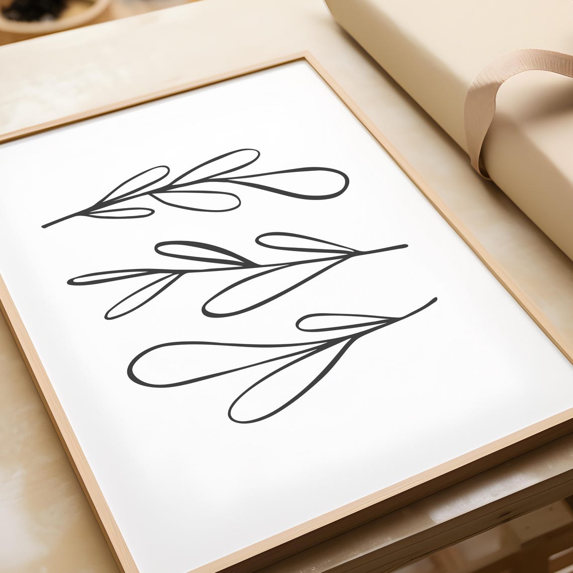 Black Line Botanical Art Of Three Leafy Sprigs Drawing Poster - Image 3
