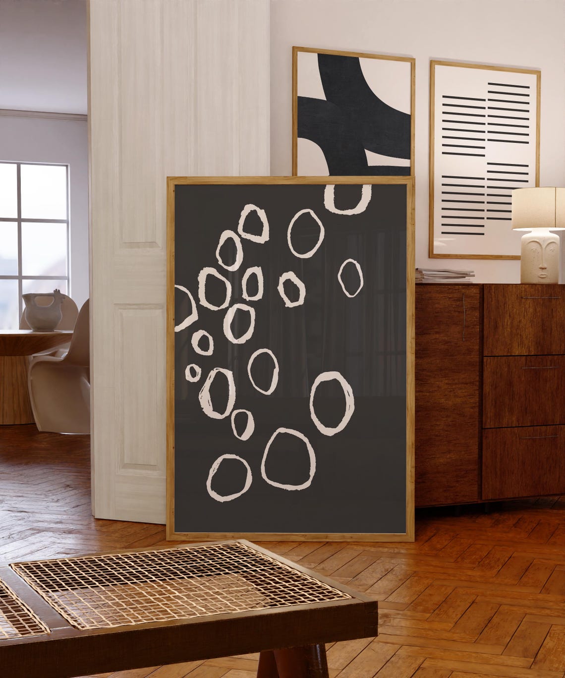 White Organic Circle Outlines on Black Minimalist Abstract Wall Art - Image 2