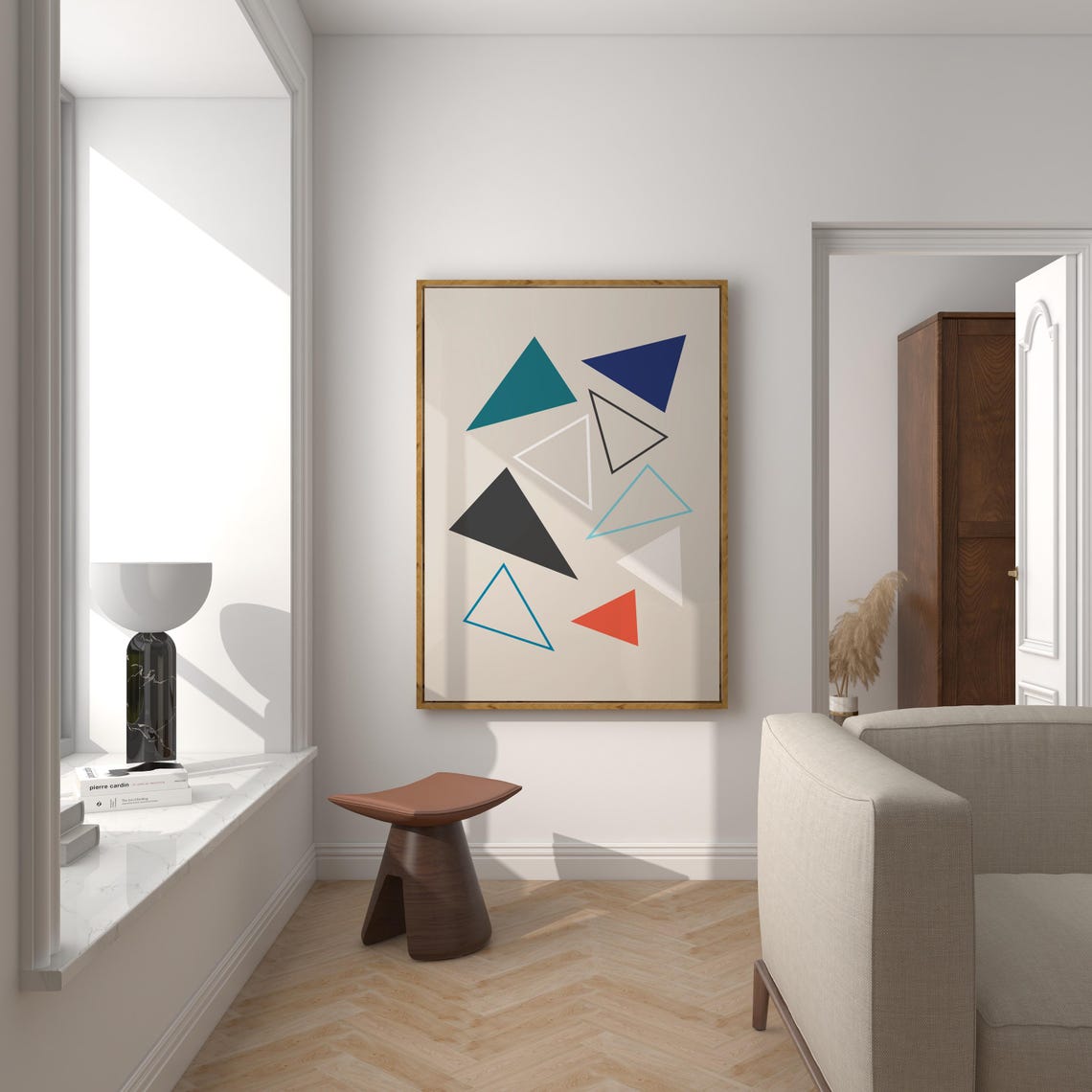 Colorful Triangles on Beige Mid Century Modern Geometric Art Poster - Image 2