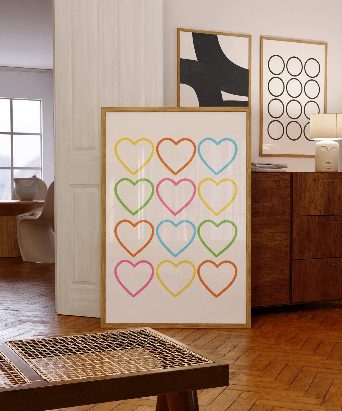 Bold Colorful Hearts Grid Modern Scandinavian Kids Room Wall Art