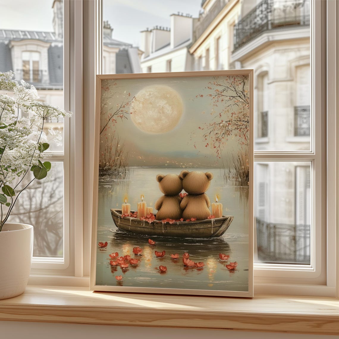 Two Teddy Bears in Rowboat on Moonlit Lake Romantic Art Poster - Image 3