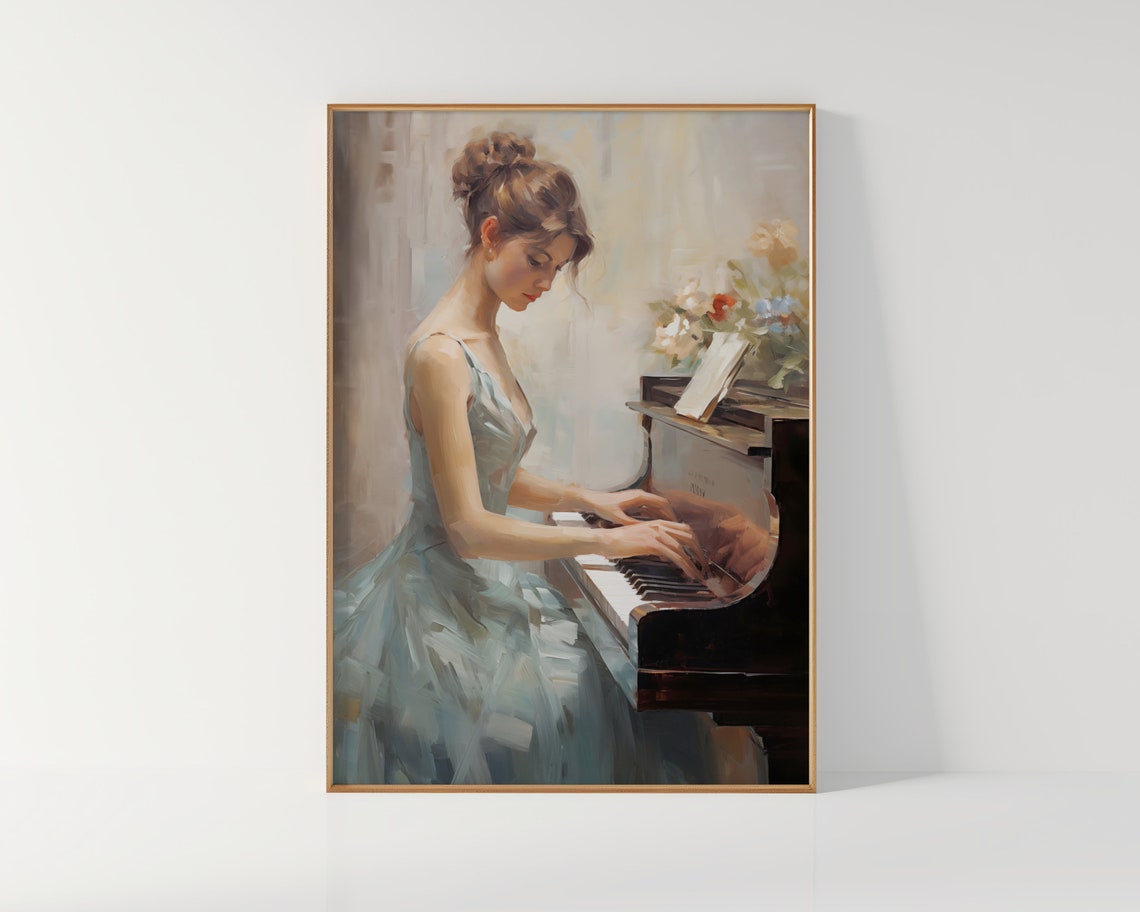 Elegant Woman Playing Grand Piano Impressionist Music Art Poster