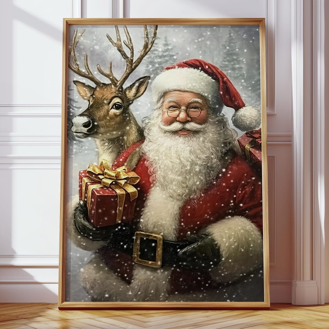 Santa Reindeer Oil Painting Art Print Vintage Wall Art Christmas Holiday Decor Santa And Reindeer Winter Xmas Holiday Art Print - Image 4