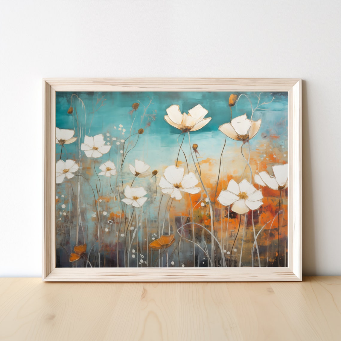 White Cosmos Flowers on Teal and Orange Abstract Floral Poster - Image 4