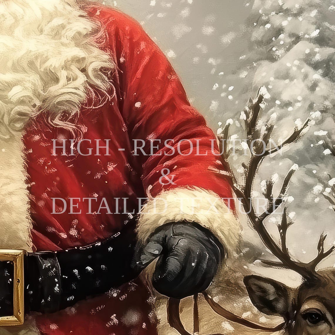 Santa Claus Carrying Gifts with Reindeer Through Falling Snow Poster - Image 2