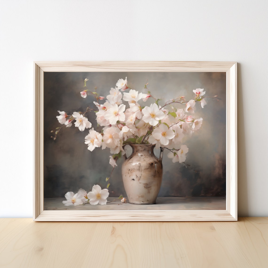 Cherry Blossoms in Vintage Vase Still Life Floral Painting Poster - Image 3