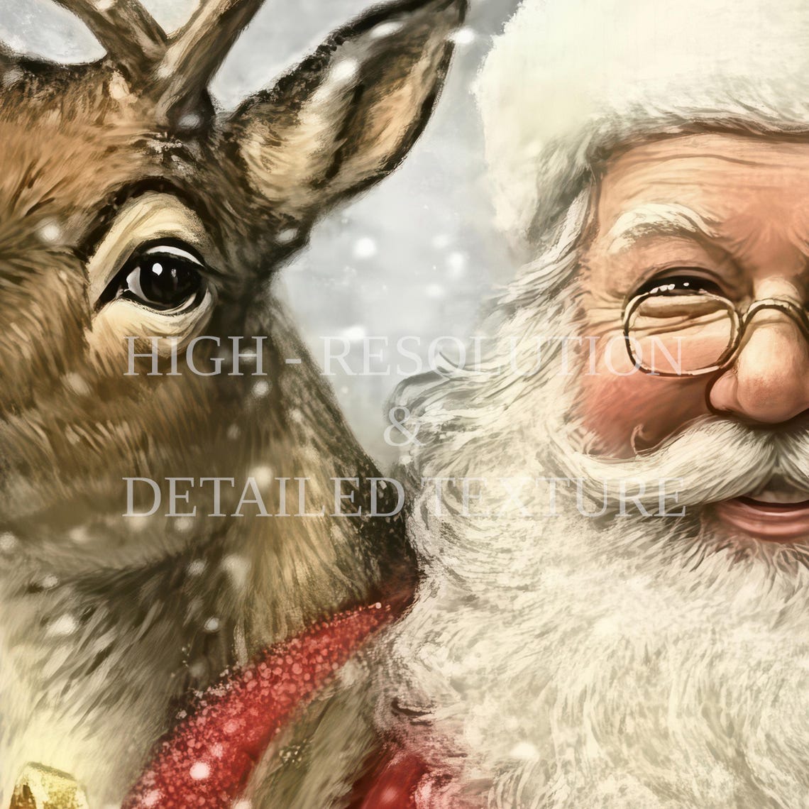 Santa Reindeer Oil Painting Art Print Vintage Wall Art Christmas Holiday Decor Santa And Reindeer Winter Xmas Holiday Art Print - Image 2