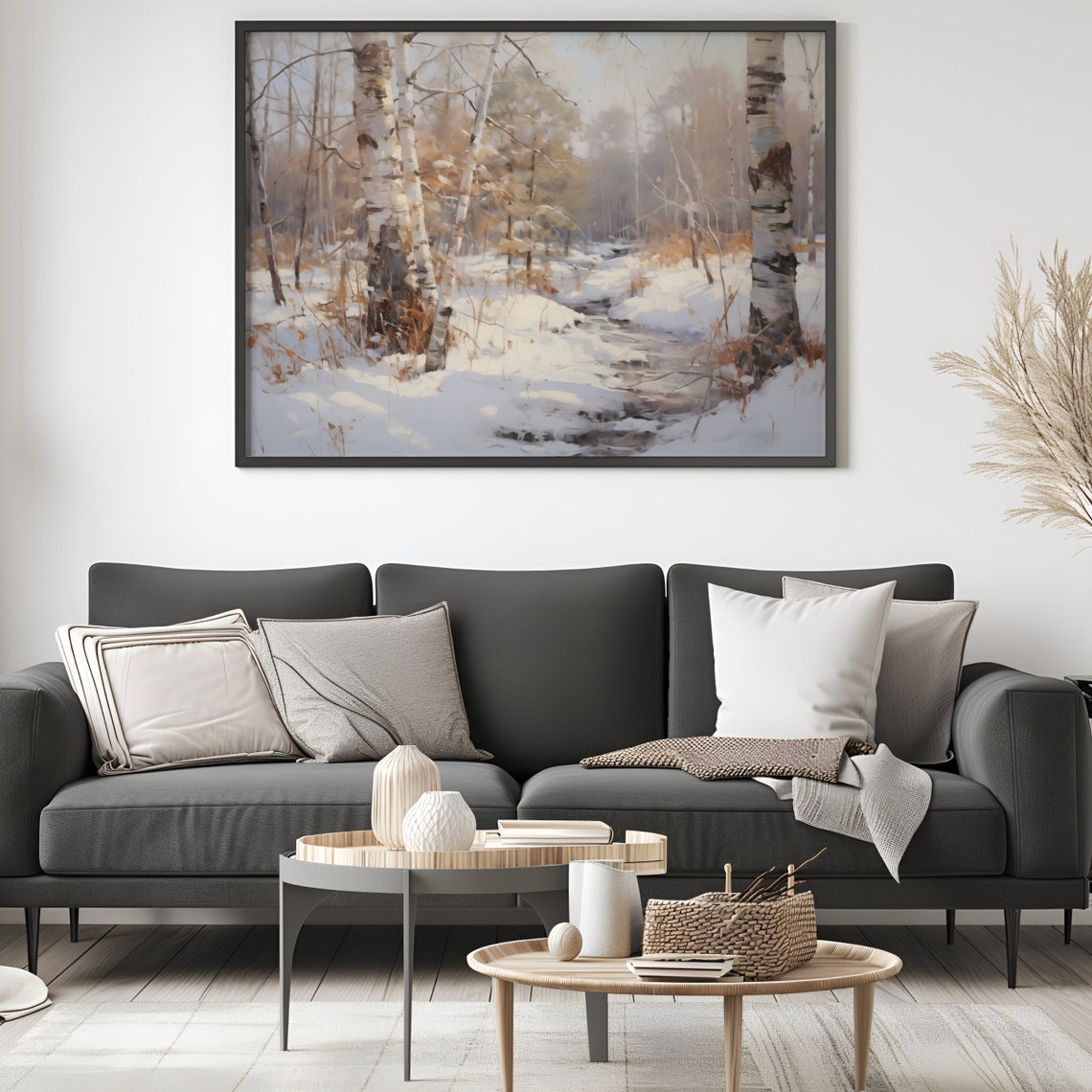 Birch Trees in a Snowy Forest by a Winter Stream Painting Poster - Image 2