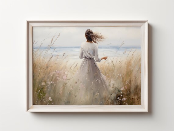Woman in White Dress Walking on Beach in Dune Grass Painting Poster