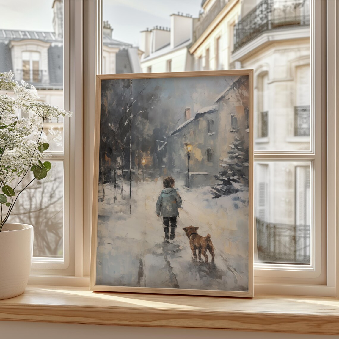 Child Walking with Dog on a Snowy Village Street Painting Poster - Image 2