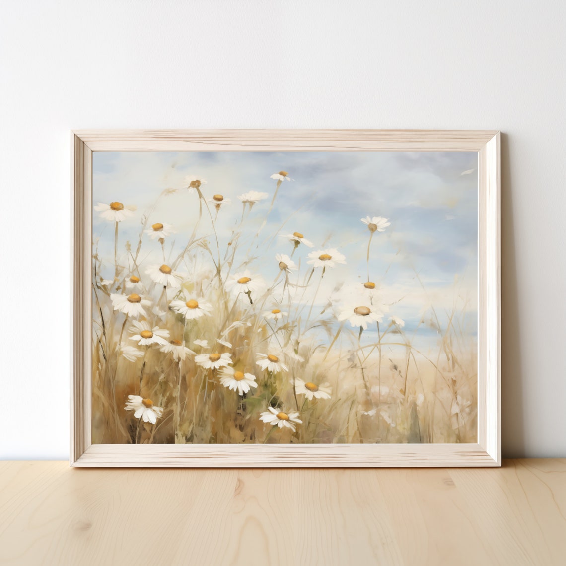 Wild White Daisies in Golden Meadow Soft Floral Painting Poster - Image 4