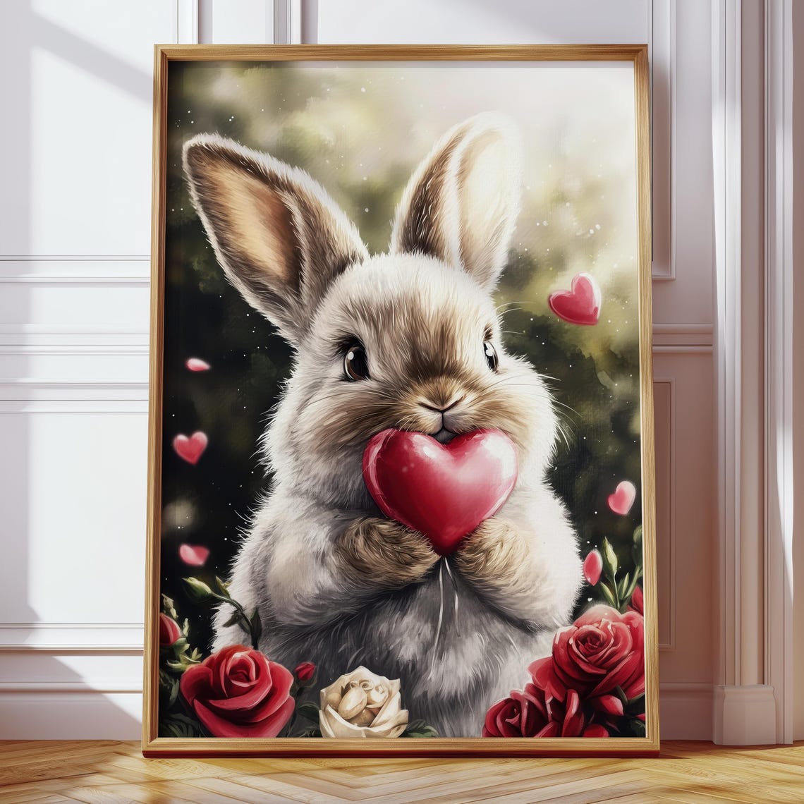 Fluffy Bunny Holding Red Heart Among Roses Valentine Art Poster - Image 4
