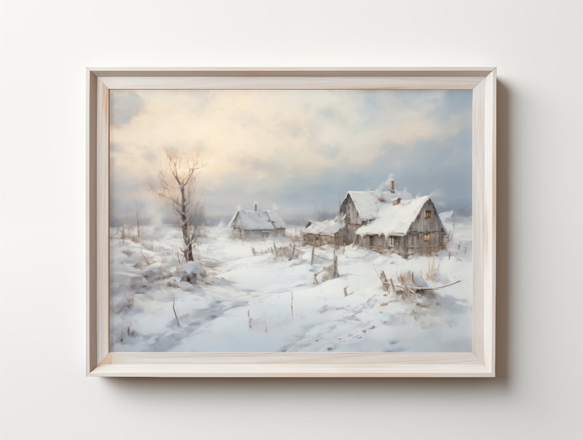 Snowy Village with Cozy Cottages Winter Landscape Painting Poster