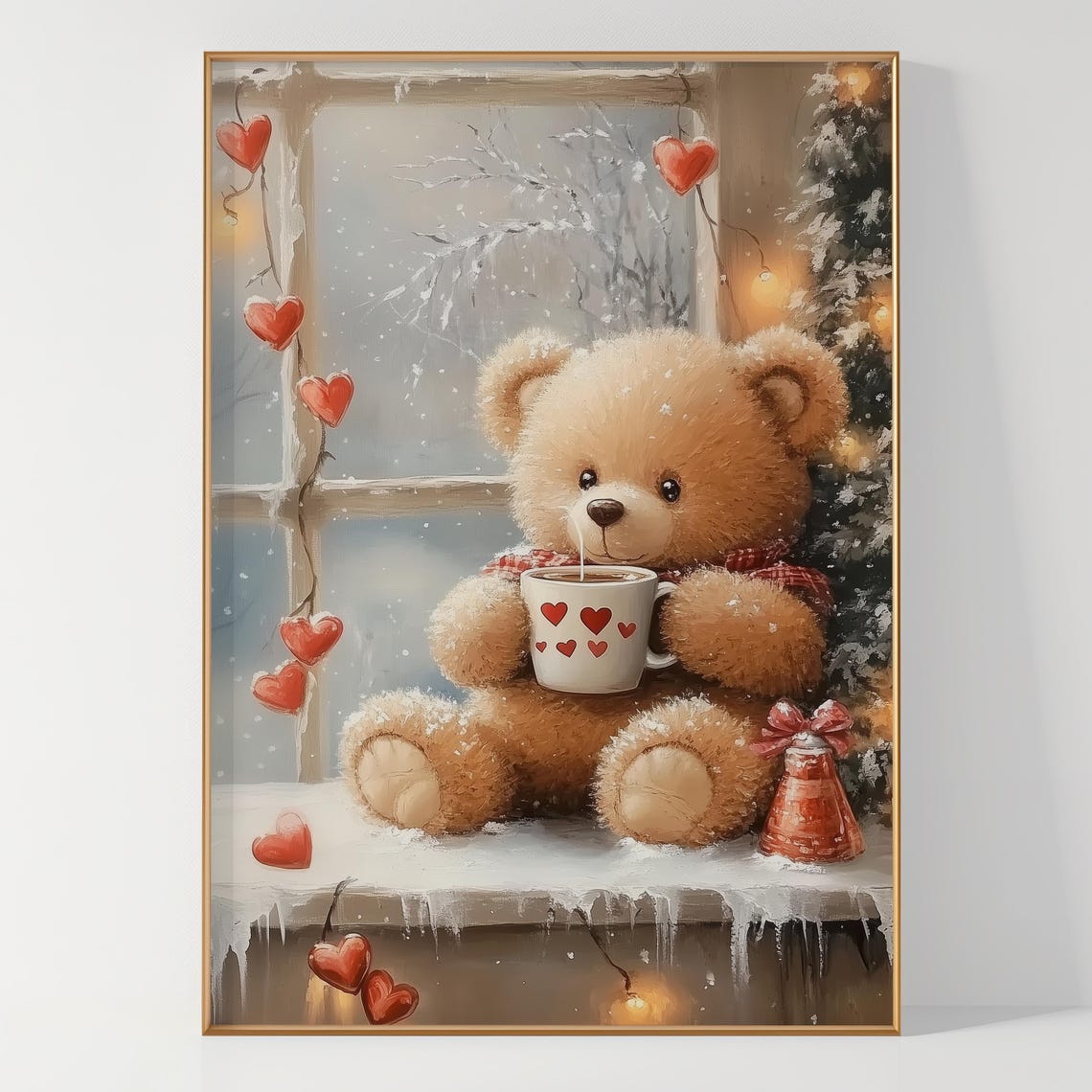 Teddy Bear with Heart Mug on Snowy Windowsill Cozy Winter Poster