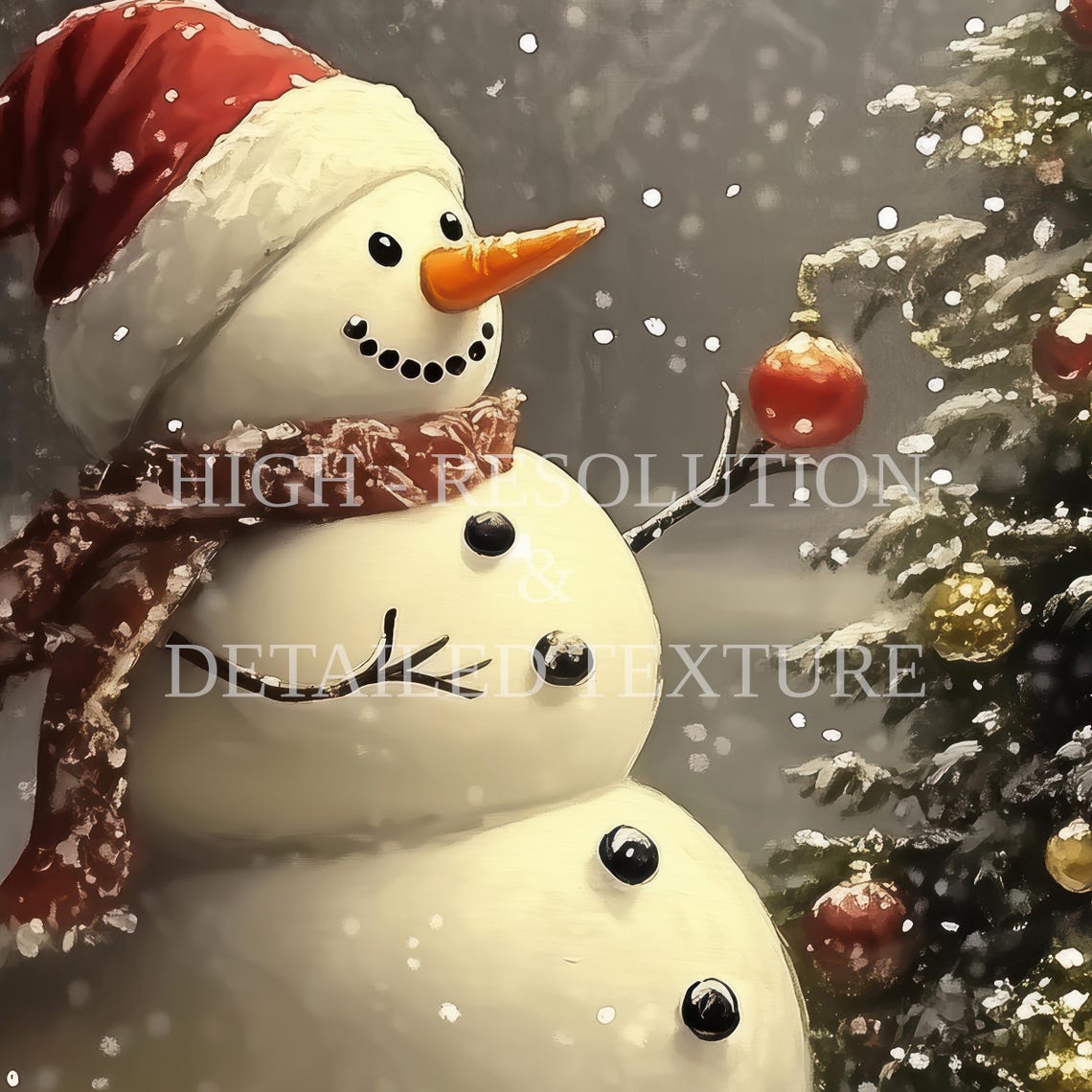 Snowman by a Decorated Christmas Tree with Gifts Winter Poster - Image 3