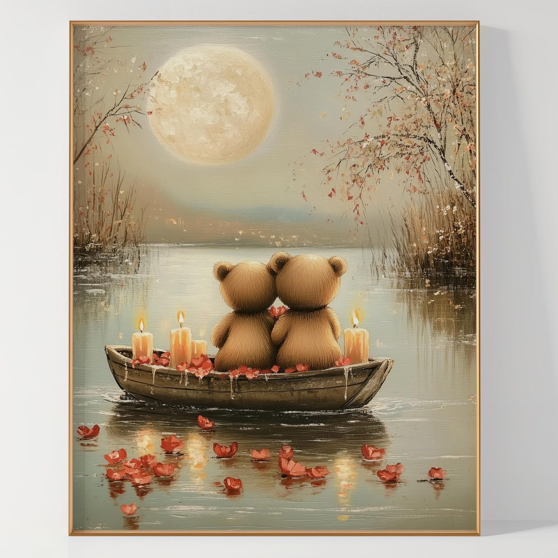 Two Teddy Bears in Rowboat on Moonlit Lake Romantic Art Poster