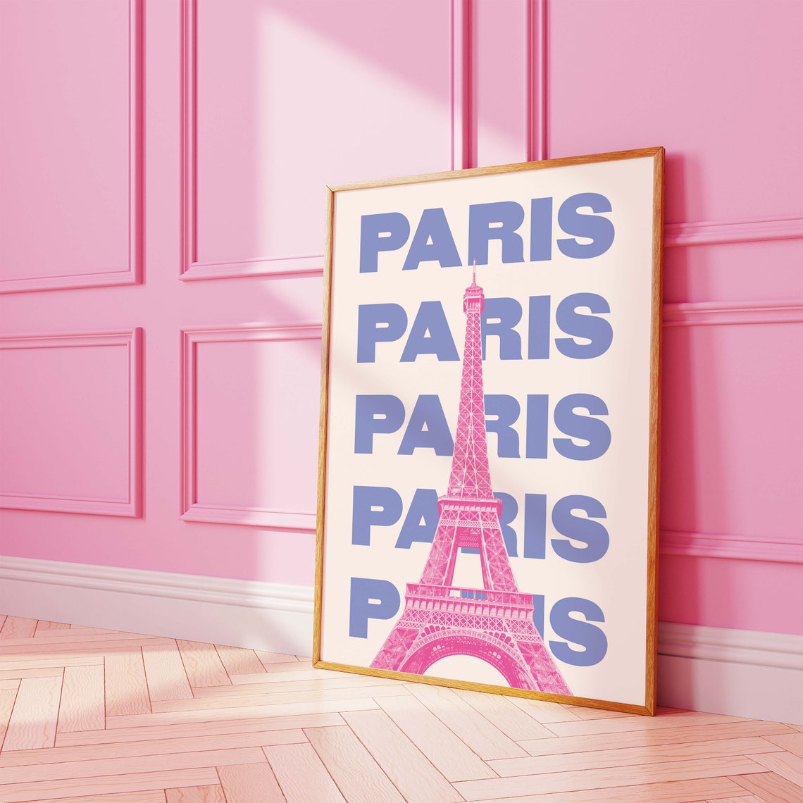 Paris Eiffel Tower Poster with Pink Tower and Bold Blue Typography - Image 3