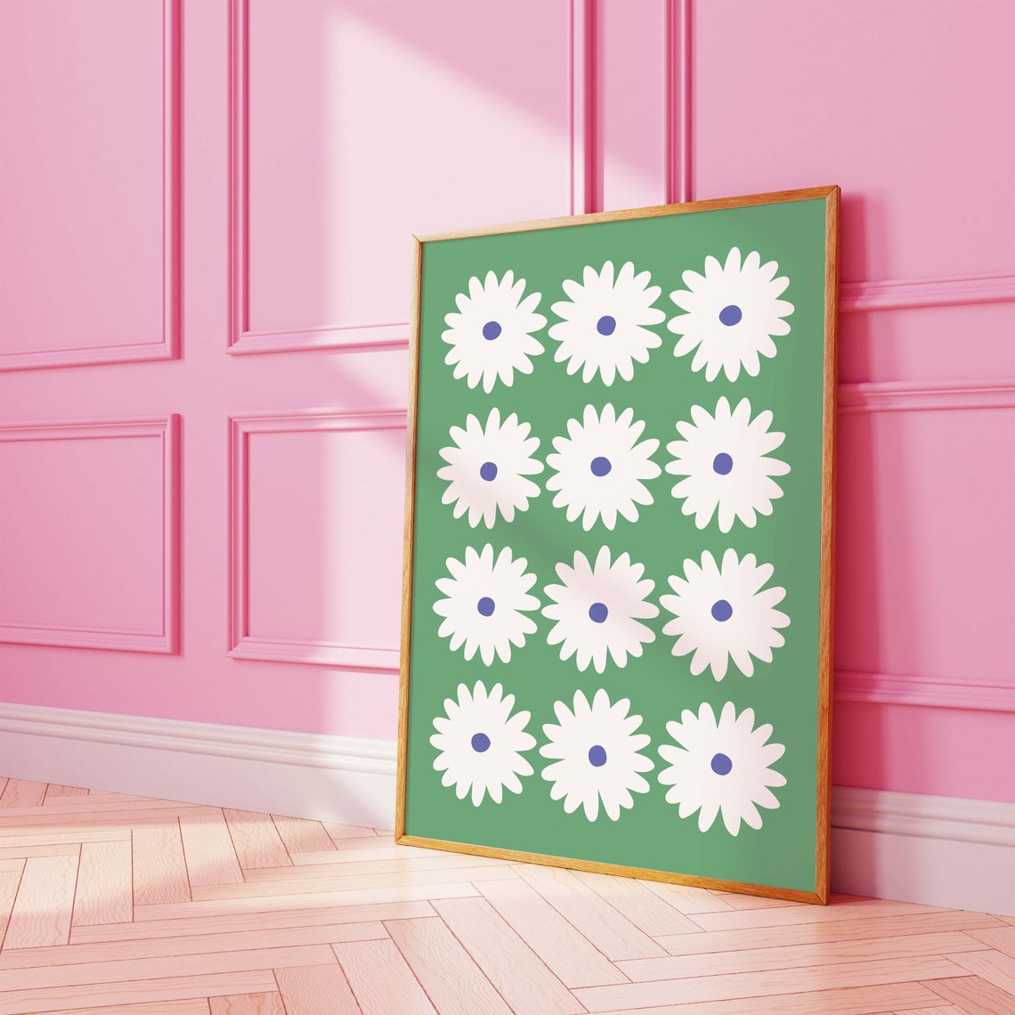 White Daisy Grid Fresh Green Background Retro Floral Art Poster - Image 2