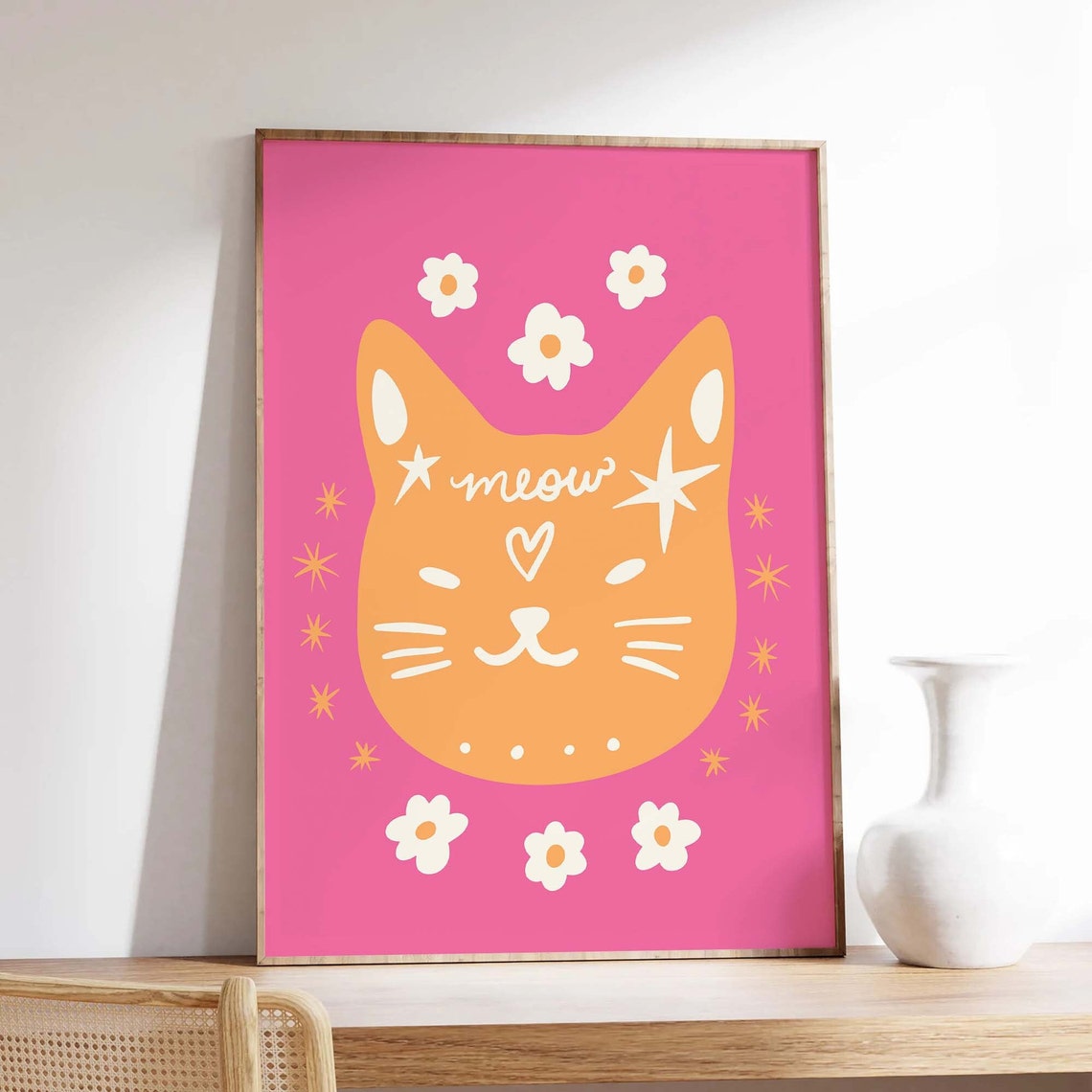 Pink Cat Face Meow Retro Kitty With Flowers And Stars Wall Print - Image 3