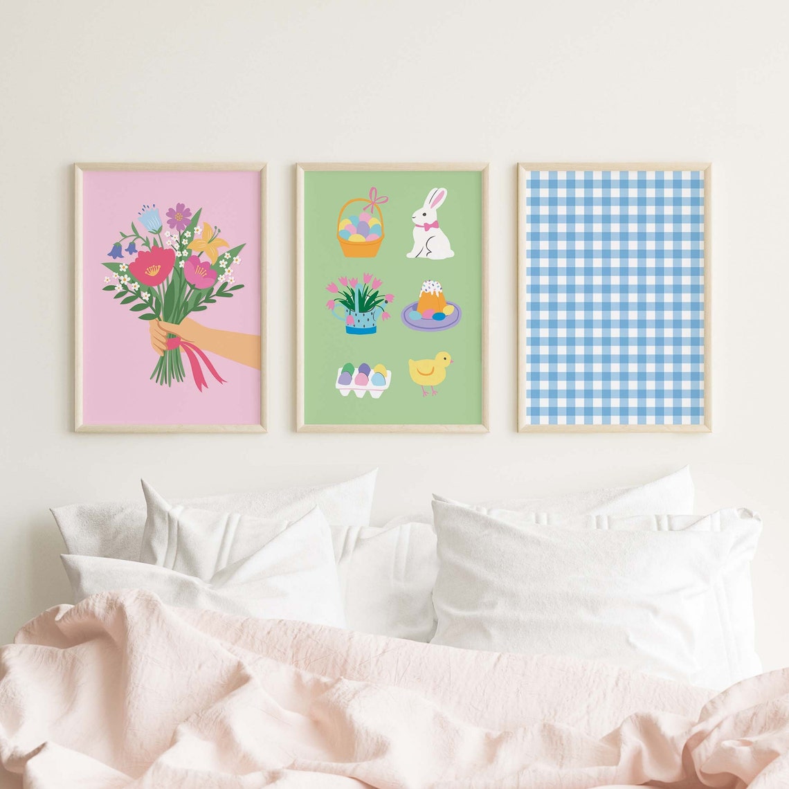 Easter Gallery Wall Set 8 Framed Tulips Carrots Gingham Print - Image 2