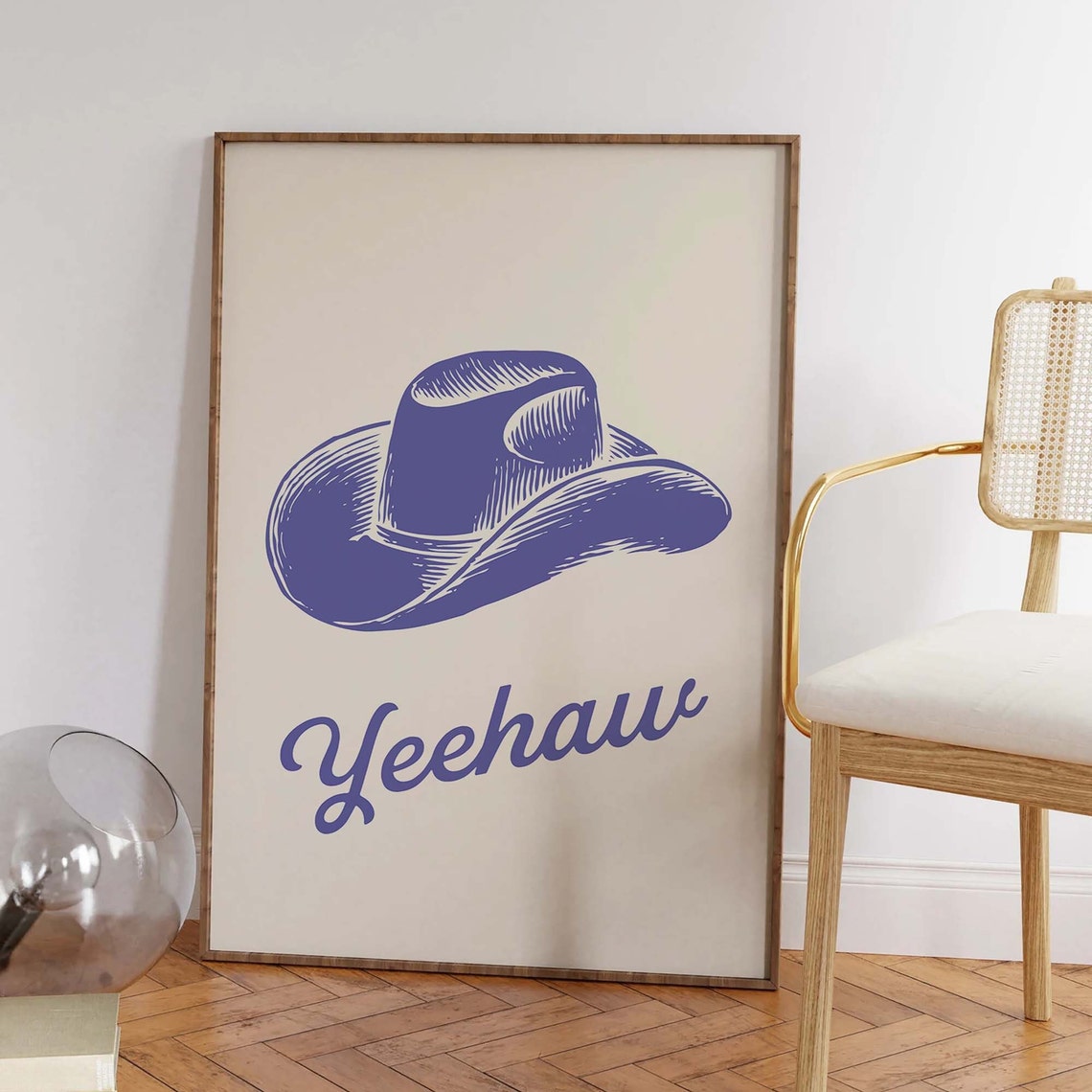 Blue Cowboy Hat Yeehaw Retro Western Script Cream Art Poster - Image 4