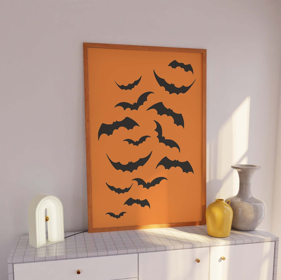 Flying Bat Silhouettes Minimal Black on Orange Halloween Poster - Image 3