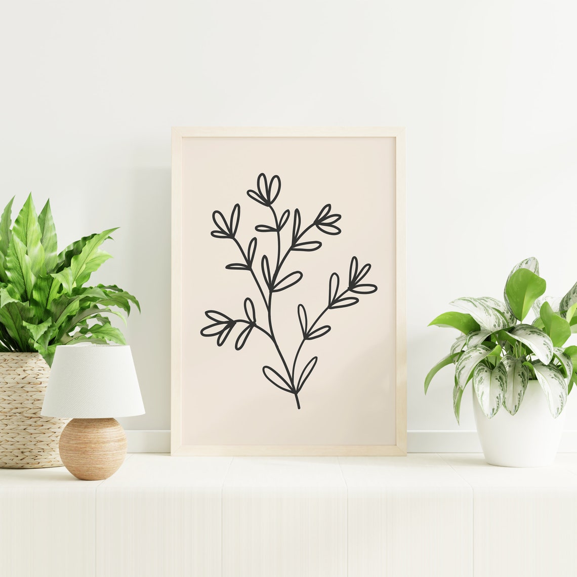 Minimalist Black Line Botanical Sprig Poster on Warm Cream Background - Image 3