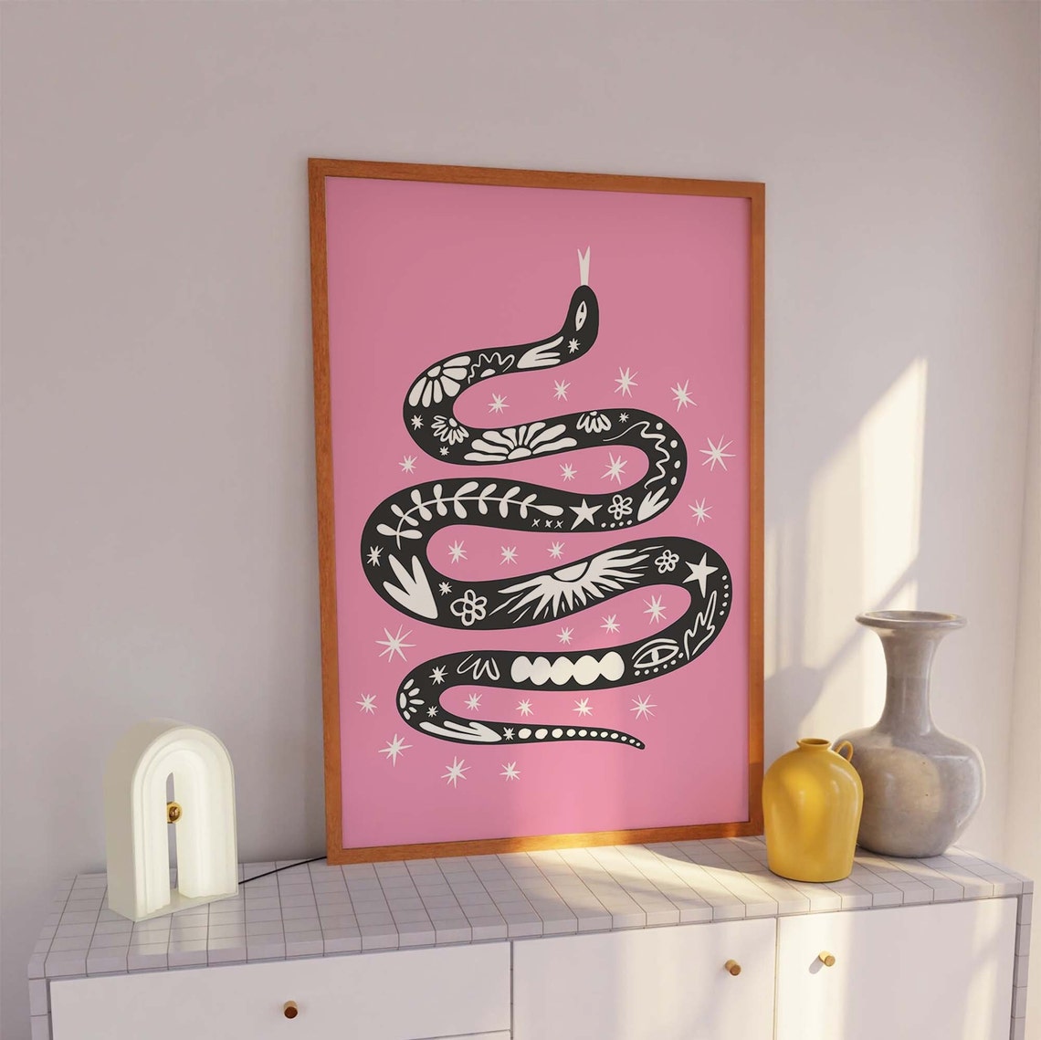 Boho Tattoo Snake Black Illustration Pink Starry Moon Art Print - Image 7