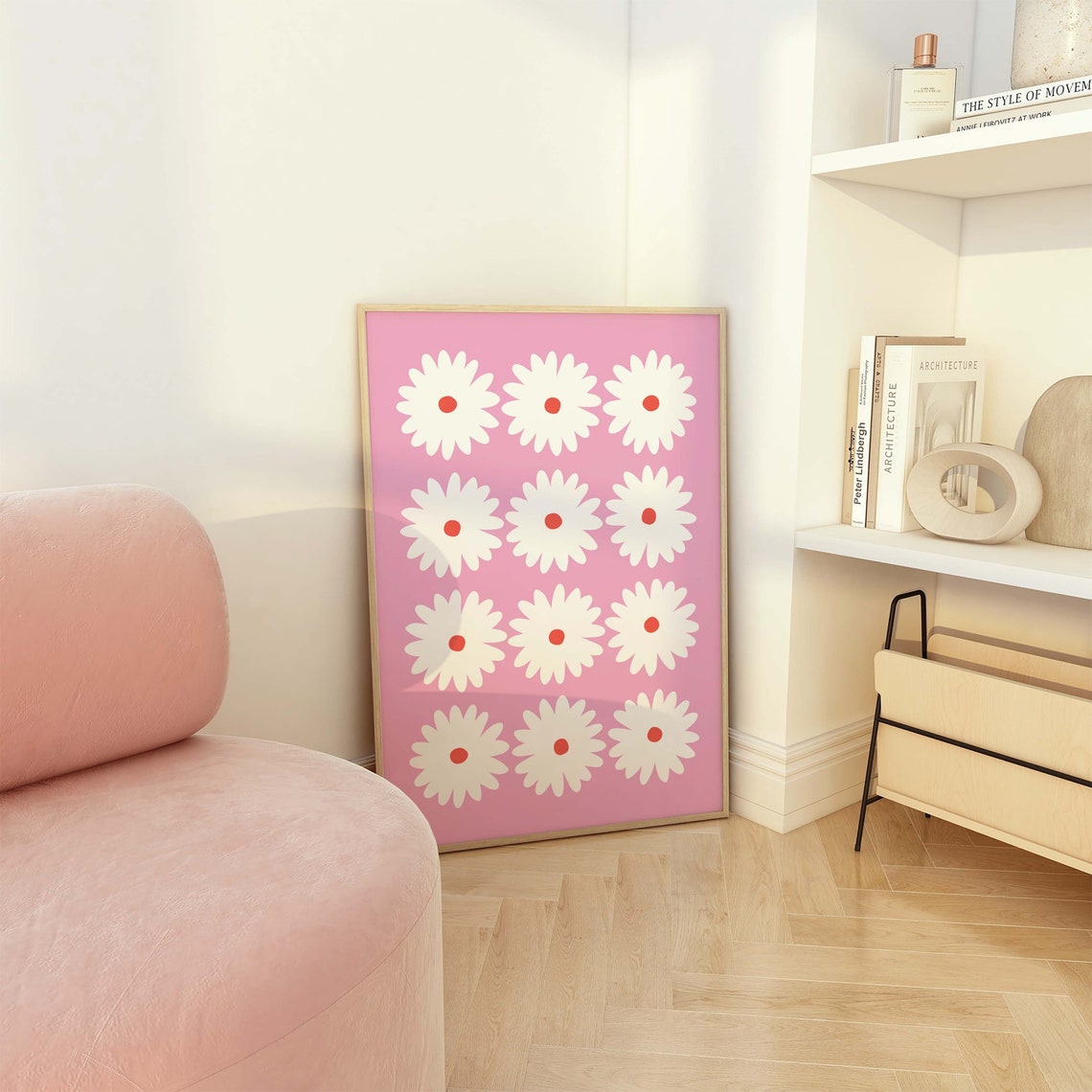 White Daisy Grid Soft Pink Background Retro Floral Art Poster - Image 4