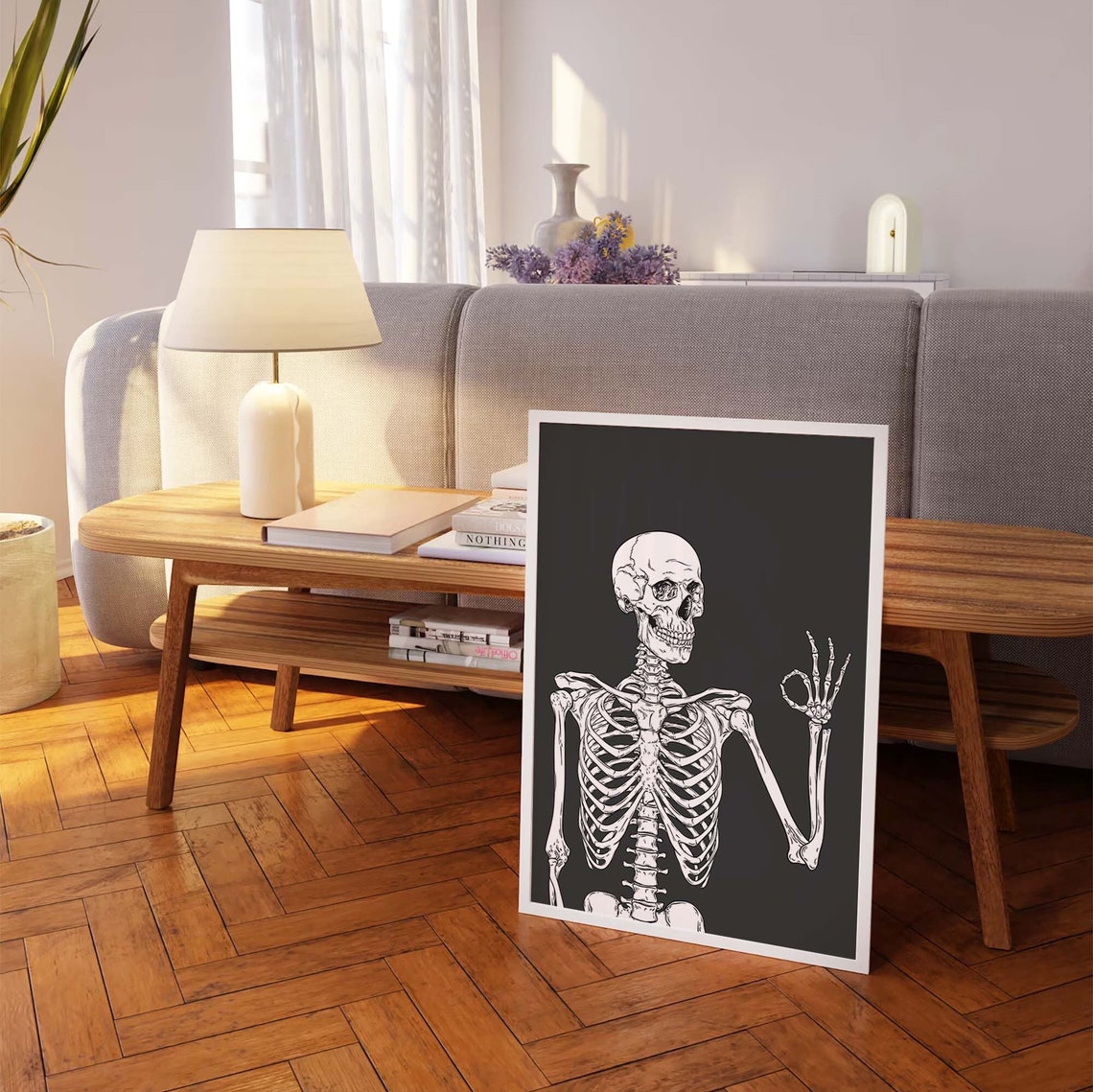 Funny Skeleton OK Hand Gesture Black Background Line Art Poster - Image 2