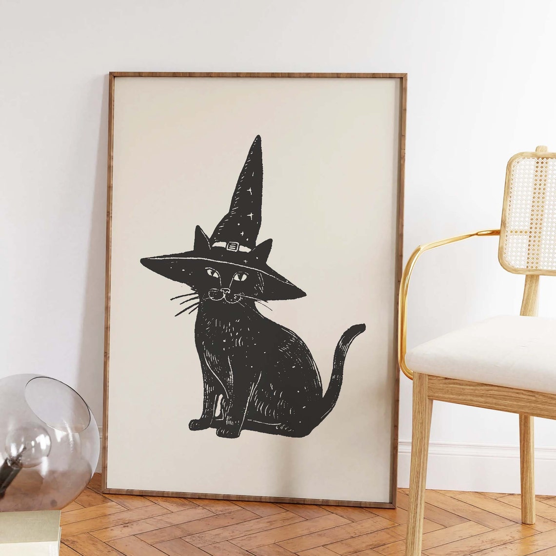Black Cat Witch Hat Block Style Vintage Halloween Cat Art Poster - Image 2