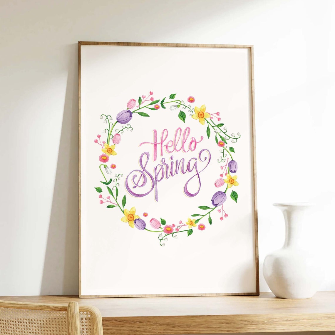 Hello Spring Floral Wreath Watercolor Daffodils Tulips Decor Poster - Image 3