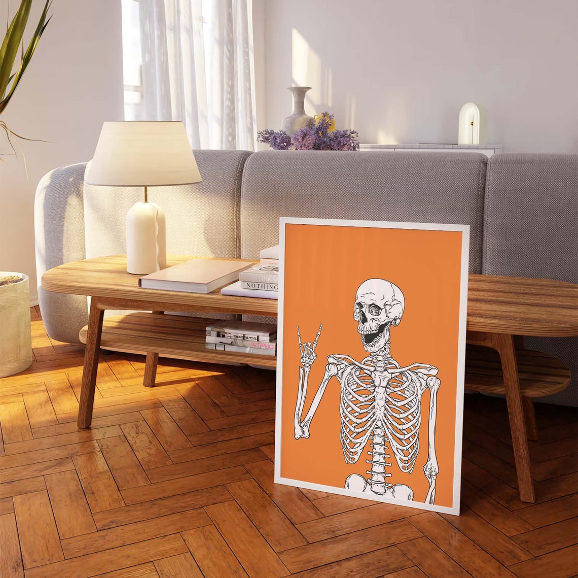 Skeleton Print Art Cute Orange Halloween Wall Decor Trendy Halloween Wall Art Spooky Season Poster - Image 5
