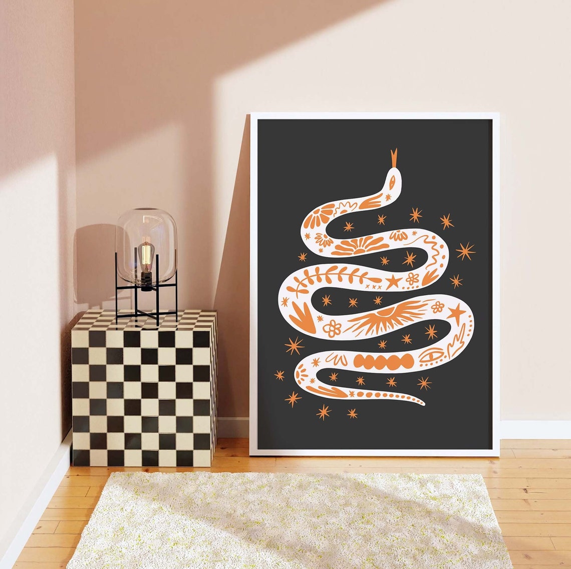 Boho Tattoo Snake Orange Halloween Illustration Black Art Poster - Image 3